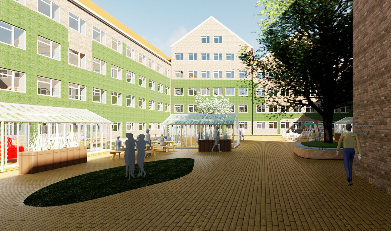 Sådan kommer udemiljøet ved Grønnegården til at se ud. Illustration: Olga Mabelenge Sådan kommer udemiljøet ved Grønnegården til at se ud. Illustration: Olga Mabelenge